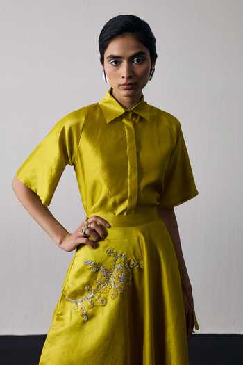 Notsosure_Green Dupion, Silk Collared Neck Motif Top And Skirt Set _at_Aza_Fashions