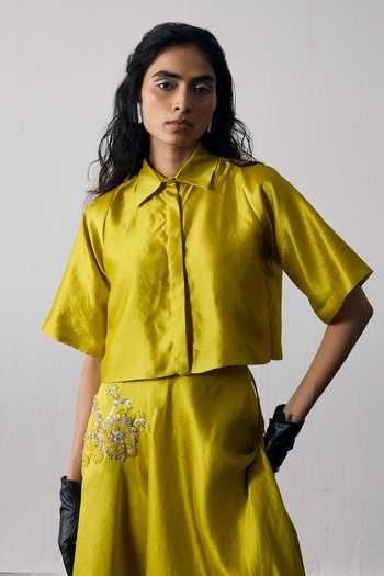 Buy_Notsosure_Green Dupion, Silk Collared Neck Motif Top And Skirt Set 