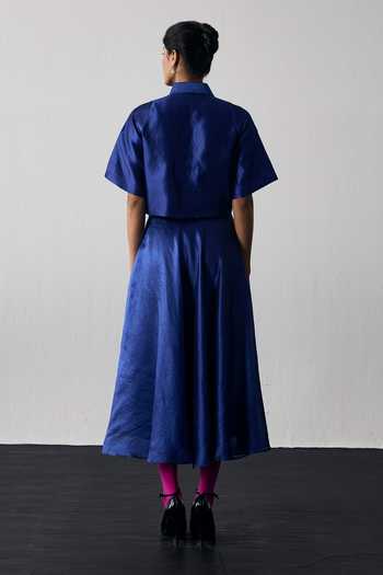 Shop_Notsosure_Blue Silk, Dupion Collared Neck Hand Embroidered Top And Skirt Set _at_Aza_Fashions