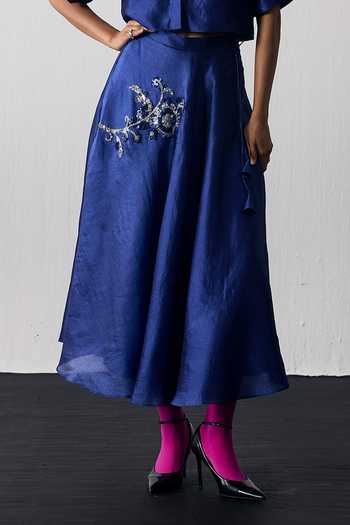 Notsosure_Blue Silk, Dupion Collared Neck Hand Embroidered Top And Skirt Set _Online_at_Aza_Fashions