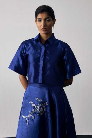 Buy_Notsosure_Blue Silk, Dupion Collared Neck Hand Embroidered Top And Skirt Set _Online_at_Aza_Fashions
