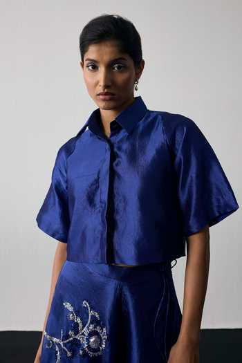 Shop_Notsosure_Blue Silk, Dupion Collared Neck Hand Embroidered Top And Skirt Set _Online_at_Aza_Fashions