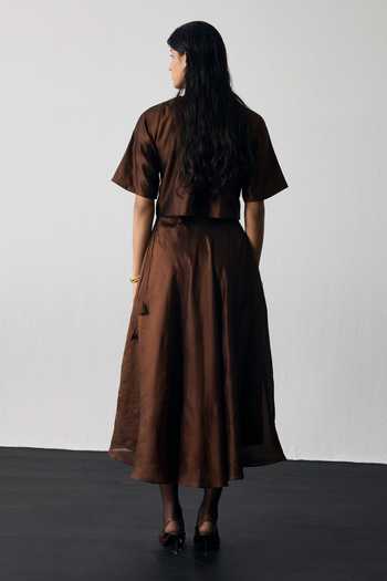 Shop_Notsosure_Brown Silk, Dupion Round Neck Top And Skirt Set _at_Aza_Fashions