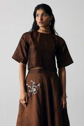 Notsosure_Brown Silk, Dupion Round Neck Top And Skirt Set _Online_at_Aza_Fashions