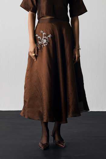Buy_Notsosure_Brown Silk, Dupion Round Neck Top And Skirt Set _Online_at_Aza_Fashions