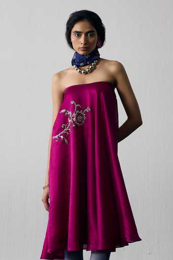 Notsosure_Magenta Silk, Dupion Bandeau Neck Hand Embroidered Tube Dress _Online_at_Aza_Fashions