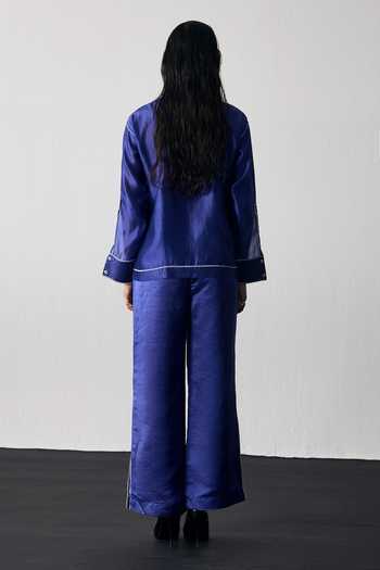 Shop_Notsosure_Blue Silk, Dupion Collared Neck Lines Shirt And Pant Set _at_Aza_Fashions