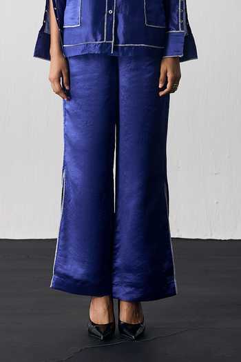 Notsosure_Blue Silk, Dupion Collared Neck Lines Shirt And Pant Set _Online_at_Aza_Fashions