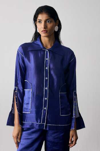 Buy_Notsosure_Blue Silk, Dupion Collared Neck Lines Shirt And Pant Set _Online_at_Aza_Fashions