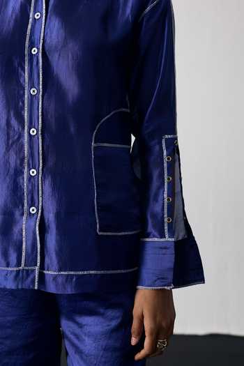 Shop_Notsosure_Blue Silk, Dupion Collared Neck Lines Shirt And Pant Set _Online_at_Aza_Fashions
