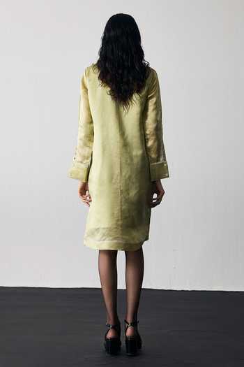Shop_Notsosure_Green Silk, Dupion Collared Neck Lines Short Dress _at_Aza_Fashions
