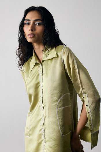Notsosure_Green Silk, Dupion Collared Neck Lines Short Dress _Online_at_Aza_Fashions