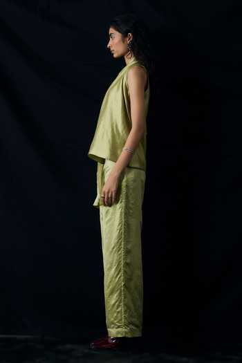 Notsosure_Green Silk, Dupion One Shoulder Hand Embroidered Top And Pant Set _Online_at_Aza_Fashions