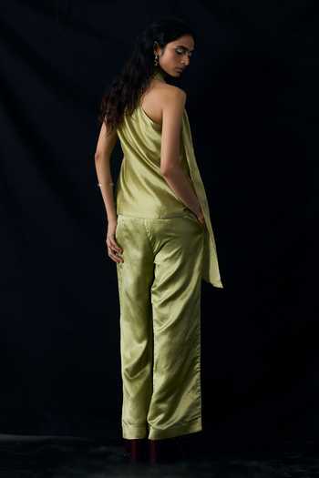 Shop_Notsosure_Green Silk, Dupion One Shoulder Hand Embroidered Top And Pant Set _at_Aza_Fashions