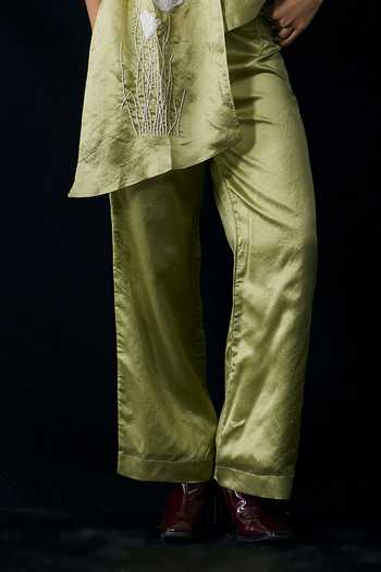 Buy_Notsosure_Green Silk, Dupion One Shoulder Hand Embroidered Top And Pant Set _Online_at_Aza_Fashions