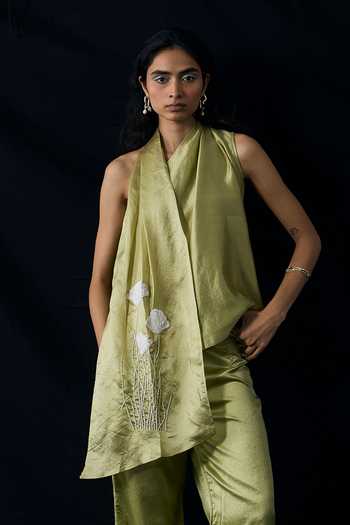 Shop_Notsosure_Green Silk, Dupion One Shoulder Hand Embroidered Top And Pant Set _Online_at_Aza_Fashions