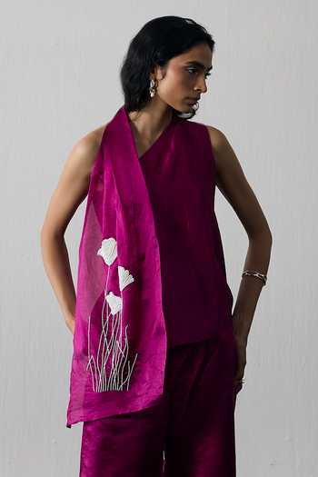 Notsosure_Magenta Silk, Dupion One Shoulder Hand Embroidered Top And Pant Set _Online_at_Aza_Fashions
