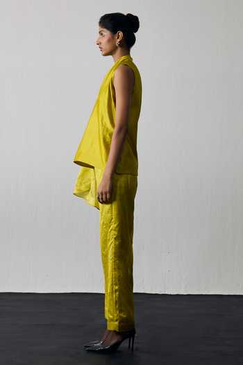 Notsosure_Green Silk, Dupion V-neck Top And Pant Set _Online_at_Aza_Fashions