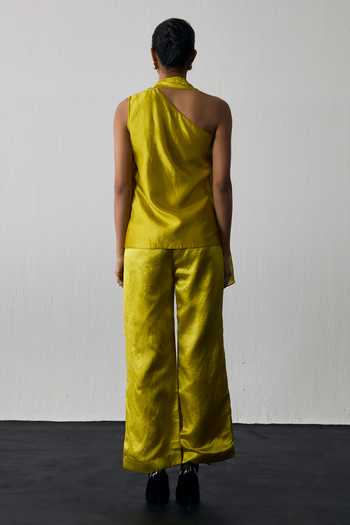 Shop_Notsosure_Green Silk, Dupion V-neck Top And Pant Set _at_Aza_Fashions
