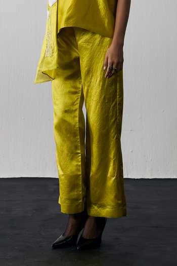 Buy_Notsosure_Green Silk, Dupion V-neck Top And Pant Set _Online_at_Aza_Fashions