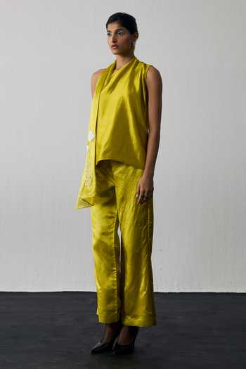 Shop_Notsosure_Green Silk, Dupion V-neck Top And Pant Set _Online_at_Aza_Fashions