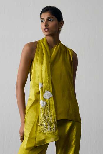 Notsosure_Green Silk, Dupion V-neck Top And Pant Set _at_Aza_Fashions
