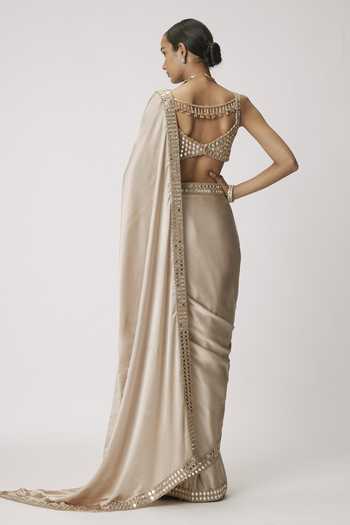 Shop_Vvani by vani vats_Beige Satin, Georgette Mirrors Sweetheart Embroidered Border Saree With Blouse _at_Aza_Fashions