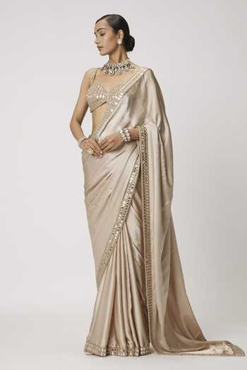 Vvani by vani vats_Beige Satin, Georgette Mirrors Sweetheart Embroidered Border Saree With Blouse _Online_at_Aza_Fashions