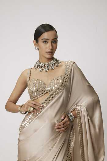 Buy_Vvani by vani vats_Beige Satin, Georgette Mirrors Sweetheart Embroidered Border Saree With Blouse _Online_at_Aza_Fashions