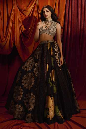 Buy_Bhumika Sharma_Black Organza V-neck Printed Bustier And Skirt Set _at_Aza_Fashions