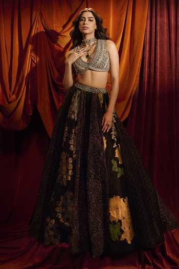 Shop_Bhumika Sharma_Black Organza V-neck Printed Bustier And Skirt Set _at_Aza_Fashions