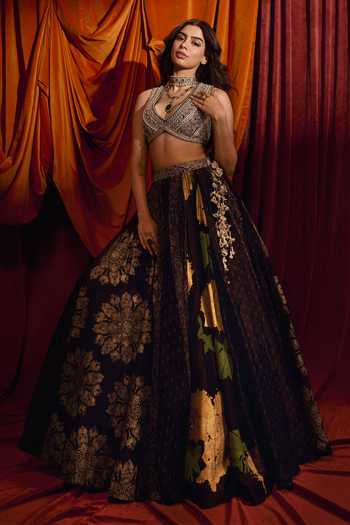 Buy_Bhumika Sharma_Black Organza V-neck Printed Bustier And Skirt Set _Online_at_Aza_Fashions