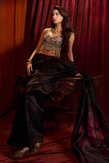 Buy_Bhumika Sharma_Black Organza Sweetheart Neck Rose Print Saree With Bustier _Online_at_Aza_Fashions