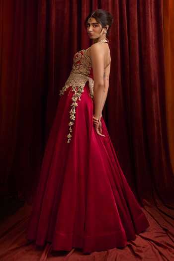 Bhumika Sharma_Red Satin, Net, Linen Sweetheart Neck, Halter Embroidered Blouse And Skirt Set _Online_at_Aza_Fashions