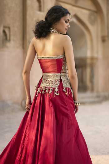 Shop_Bhumika Sharma_Red Satin, Net, Linen Sweetheart Neck, Halter Embroidered Blouse And Skirt Set _at_Aza_Fashions