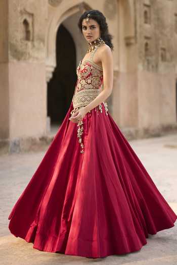 Buy_Bhumika Sharma_Red Satin, Net, Linen Sweetheart Neck, Halter Embroidered Blouse And Skirt Set _Online_at_Aza_Fashions