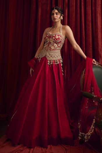 Buy_Bhumika Sharma_Red Satin, Net, Linen Sweetheart Neck, Halter Embroidered Blouse And Skirt Set _at_Aza_Fashions