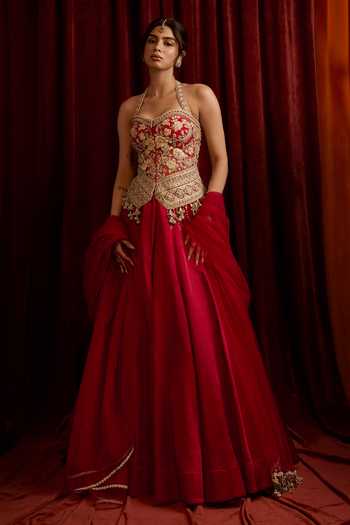 Shop_Bhumika Sharma_Red Satin, Net, Linen Sweetheart Neck, Halter Embroidered Blouse And Skirt Set _Online_at_Aza_Fashions