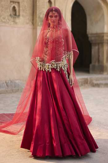 Bhumika Sharma_Red Satin, Net, Linen Sweetheart Neck, Halter Embroidered Blouse And Skirt Set _at_Aza_Fashions