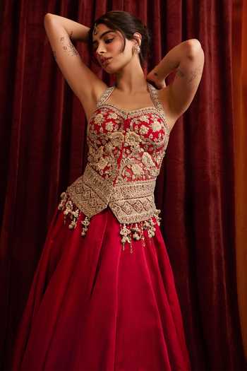 Shop_Bhumika Sharma_Red Satin, Net, Linen Sweetheart Neck, Halter Embroidered Blouse And Skirt Set 