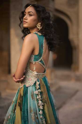 Bhumika Sharma_Green Organza High Neck Floral Print Anarkali _Online_at_Aza_Fashions