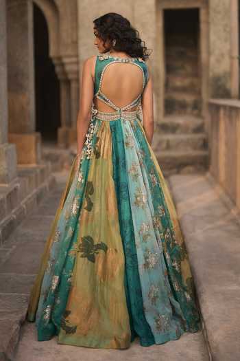 Shop_Bhumika Sharma_Green Organza High Neck Floral Print Anarkali _at_Aza_Fashions