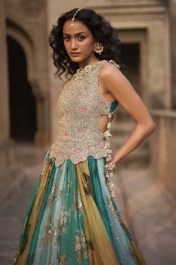 Buy_Bhumika Sharma_Green Organza High Neck Floral Print Anarkali _Online_at_Aza_Fashions