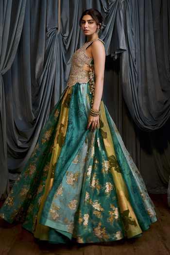 Shop_Bhumika Sharma_Green Organza High Neck Floral Print Anarkali _Online_at_Aza_Fashions
