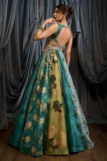 Bhumika Sharma_Green Organza High Neck Floral Print Anarkali _at_Aza_Fashions