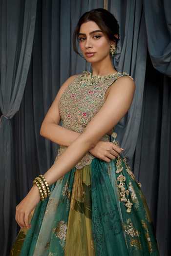 Buy_Bhumika Sharma_Green Organza High Neck Floral Print Anarkali 