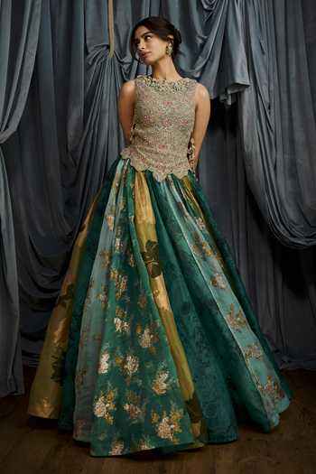 Shop_Bhumika Sharma_Green Organza High Neck Floral Print Anarkali 