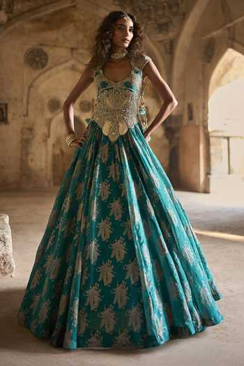 Buy_Bhumika Sharma_Green Organza Leaf Neck Lyla Printed Anarkali _at_Aza_Fashions