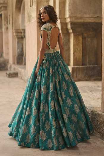 Shop_Bhumika Sharma_Green Organza Leaf Neck Lyla Printed Anarkali _at_Aza_Fashions