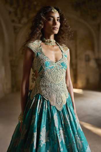 Buy_Bhumika Sharma_Green Organza Leaf Neck Lyla Printed Anarkali _Online_at_Aza_Fashions